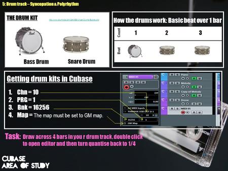 How the drums work: Basic beat over 1 bar 1 2 3 Count Beat Snare Drum Bass Drum THE DRUM KIT  5: