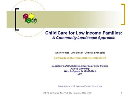 NAEYC Conference, New York City November 20-23, 20021 Child Care for Low Income Families: A Community Landscape Approach Susan Kontos Jim Elicker Demetra.