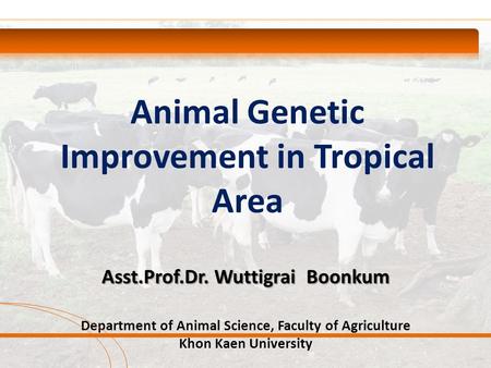 Animal Genetic Improvement in Tropical Area Asst.Prof.Dr. Wuttigrai Boonkum Department of Animal Science, Faculty of Agriculture Khon Kaen University.