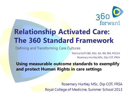 Relationship Activated Care: The 360 Standard Framework Defining and Transforming Care Cultures Patricia Duff OBE, MSc, BA, RN, RM, PGCEA Rosemary Hurtley.