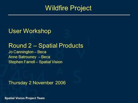 Spatial Vision Project Team Wildfire Project User Workshop Round 2 – Spatial Products Jo Cannington – Beca Anne Batrouney – Beca Stephen Farrell – Spatial.