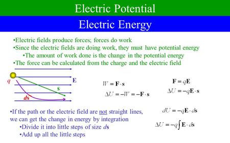 Electric Potential Electric Energy Electric fields produce forces; forces do work Since the electric fields are doing work, they must have potential energy.