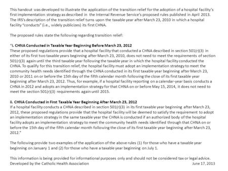 This handout was developed to illustrate the application of the transition relief for the adoption of a hospital facility’s first implementation strategy.