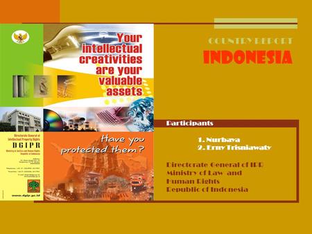 COUNTRY REPORT Indonesia Participants 1. Nurbaya 2. Erny Trisniawaty Directorate General of IPR Ministry of Law and Human Rights Republic of Indonesia.