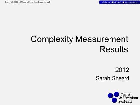 Copyright  2012 Third Millennium Systems, LLC Complexity Measurement Results 2012 Sarah Sheard.