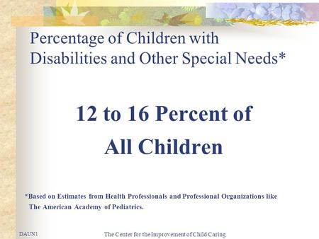 The Center for the Improvement of Child Caring Percentage of Children with Disabilities and Other Special Needs* 12 to 16 Percent of All Children *Based.