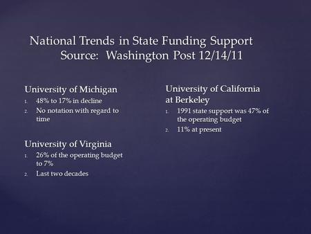 National Trends in State Funding Support Source: Washington Post 12/14/11 University of Michigan 1. 48% to 17% in decline 2. No notation with regard to.