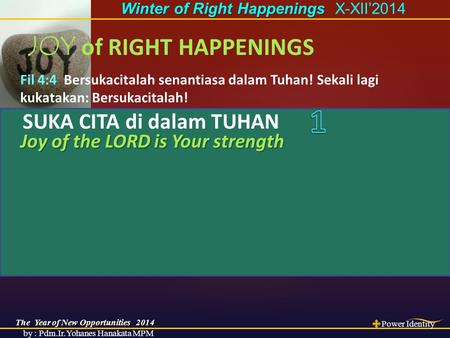 The Year of New Opportunities 2014 Power Identity by : Pdm.Ir.Yohanes Hanakata MPM Winter of Right Happenings Winter of Right Happenings X-XII’2014 Fil.