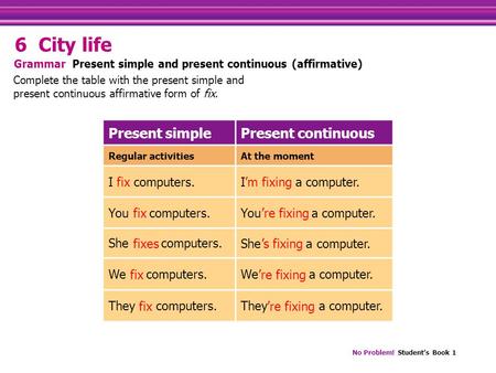 No Problem! Student’s Book 1 Present simplePresent continuous Regular activitiesAt the moment I fix computers.I’m fixing a computer. You fix computers.You’re.