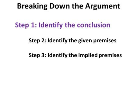 Step 1: Identify the conclusion Step 2: Identify the given premises Step 3: Identify the implied premises Breaking Down the Argument.