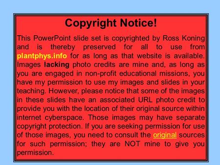 Copyright Notice! This PowerPoint slide set is copyrighted by Ross Koning and is thereby preserved for all to use from plantphys.info for as long as that.