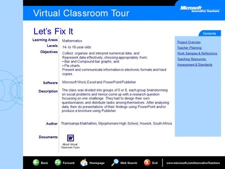 Let’s Fix It Project Overview Teacher Planning Work Samples & Reflections Teaching Resources Assessment & Standards Learning Areas Levels Objectives Software.