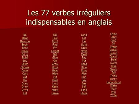 Les 77 verbes irréguliers indispensables en anglais Show Shut Sing Sit Sleep Speak Spend Stand Steal Swim Take Teach Tell Think Throw Understand Wake.