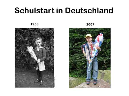 Schulstart in Deutschland 1953 2007. A Schultüte (or School Cone, often also called Zuckertüte (sugar bag) is a paper (and later card board or plastic)