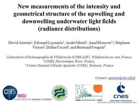 Newrad 2011 conference, Maui, 19-22 September 2011 New measurements of the intensity and geometrical structure of the upwelling and downwelling underwater.