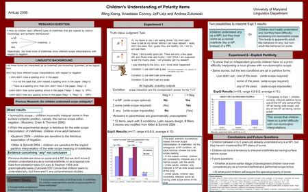 . RESEARCH QUESTION LINGUISTIC BACKGROUND Experiment 1 Conclusions and Future Questions How do children learn different types of indefinites that are masked.