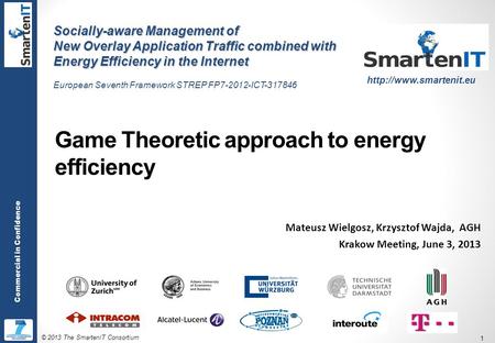 © 2013 The SmartenIT Consortium 1 Commercial in Confidence Game Theoretic approach to energy efficiency Mateusz Wielgosz, Krzysztof Wajda, AGH Krakow Meeting,