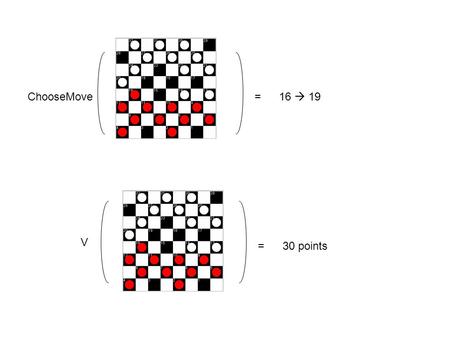 ChooseMove=16  19 V =30 points. LegalMoves= 16  19, or SimulateMove = 11  15, or …. 16  19,