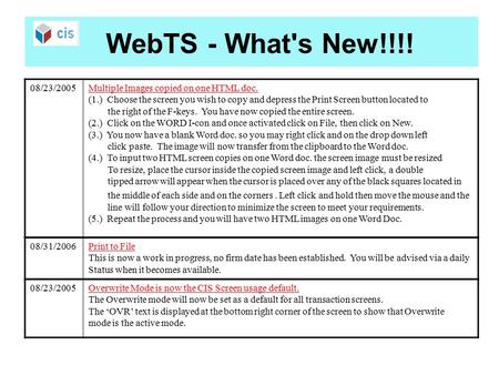 WebTS - What's New!!!! 08/23/2005Multiple Images copied on one HTML doc. (1.) Choose the screen you wish to copy and depress the Print Screen button located.