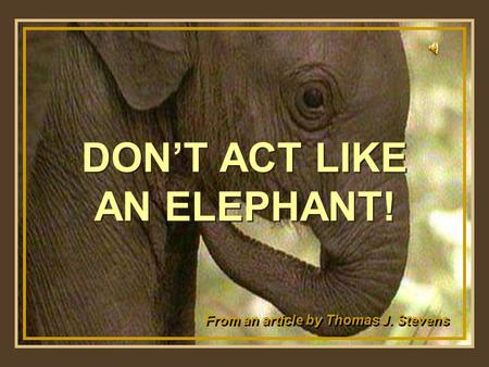 ♫ Turn on your speakers! ♫ Turn on your speakers! DON’T ACT LIKE AN ELEPHANT! From an article by Thomas J. Stevens From an article by Thomas J. Stevens.