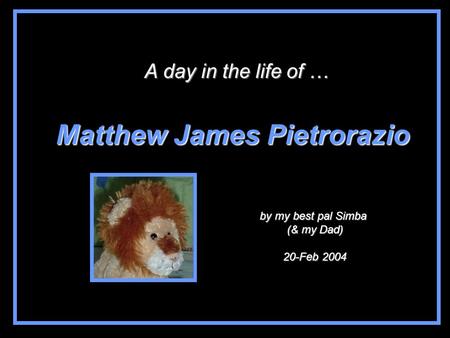 Matthew James Pietrorazio A day in the life of … by my best pal Simba (& my Dad) 20-Feb 2004.