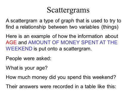 Scattergrams A scattergram a type of graph that is used to try to find a relationship between two variables (things) Here is an example of how the information.