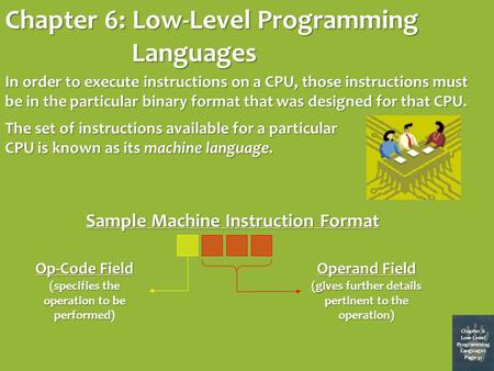 Chapter 6: Low-Level Programming Languages Chapter 6 Low-Level Programming Languages Page 51 In order to execute instructions on a CPU, those instructions.