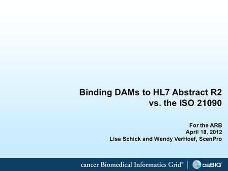 1 Binding DAMs to HL7 Abstract R2 vs. the ISO 21090 For the ARB April 18, 2012 Lisa Schick and Wendy VerHoef, ScenPro.