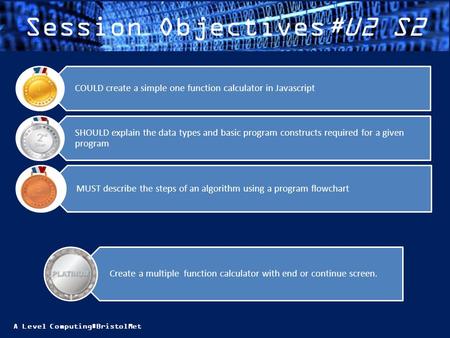 A Level Computing#BristolMet Session Objectives#U2 S2 MUST describe the steps of an algorithm using a program flowchart SHOULD explain the data types and.