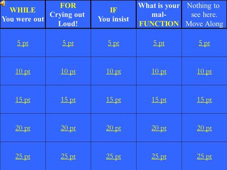 1 10 pt 15 pt 20 pt 25 pt 5 pt 10 pt 15 pt 20 pt 25 pt 5 pt 10 pt 15 pt 20 pt 25 pt 5 pt 10 pt 15 pt 20 pt 25 pt 5 pt 10 pt 15 pt 20 pt 25 pt 5 pt WHILE.