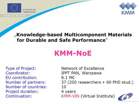 KMM-NoE „Knowledge-based Multicomponent Materials for Durable and Safe Performance” Type of Project: Network of Excellence Coordinator:IPPT PAN, Warszawa.