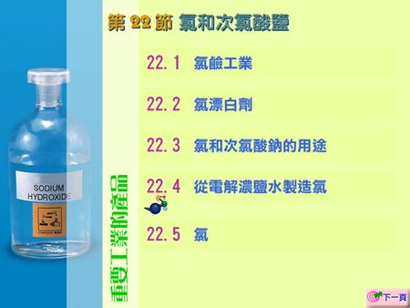 氯鹼工業以電解濃氯化鈉溶液（濃鹽水）來製造三種非常重要的化工產品 22.1	氯鹼工業 氯鹼工業以電解濃氯化鈉溶液（濃鹽水）來製造三種非常重要的化工產品 氯氣 氫氣 氫氧化鈉溶液.