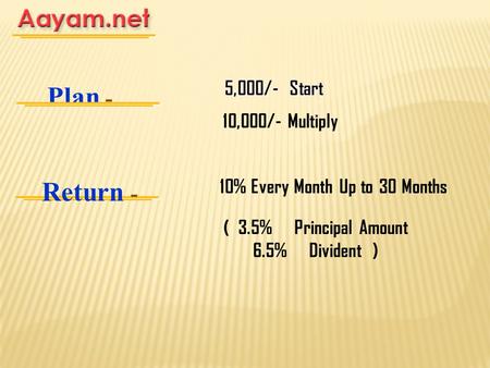 Plan - 10,000/- Multiply Return - 10% Every Month Up to 30 Months ( 3.5% Principal Amount 6.5% Divident )