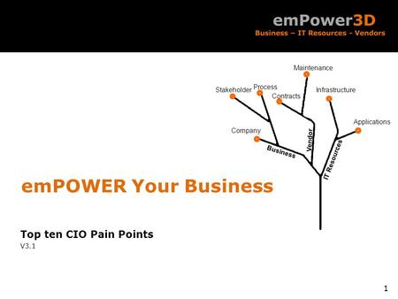 Business Vendor IT Resources Company Stakeholder Process Contracts Maintenance Applications Infrastructure Top ten CIO Pain Points V3.1 1 emPOWER Your.