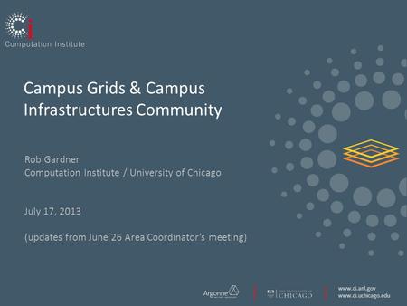 Www.ci.anl.gov www.ci.uchicago.edu Campus Grids & Campus Infrastructures Community Rob Gardner Computation Institute / University of Chicago July 17, 2013.