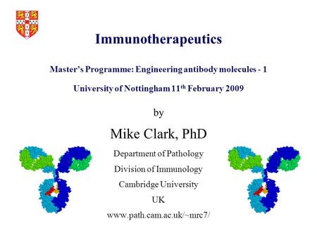 Immunotherapeutics Master’s Programme: Engineering antibody molecules - 1 University of Nottingham 11th February 2009 by Mike Clark, PhD Department of.