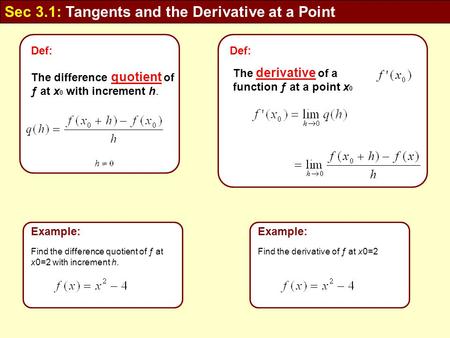 Sec 3.1: Tangents and the Derivative at a Point