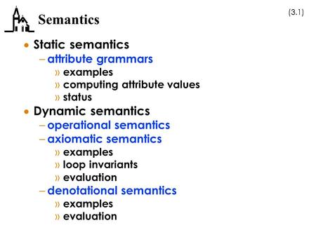 Semantics Static semantics Dynamic semantics attribute grammars