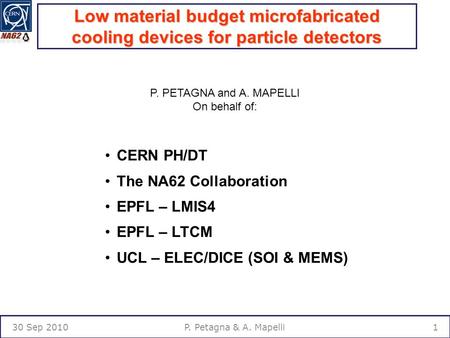 Low material budget microfabricated cooling devices for particle detectors P. PETAGNA and A. MAPELLI On behalf of: CERN PH/DT The NA62 Collaboration EPFL.