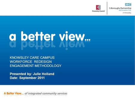 KNOWSLEY CARE CAMPUS WORKFORCE REDESIGN ENGAGEMENT METHODOLOGY Presented by: Julie Holland Date: September 2011.