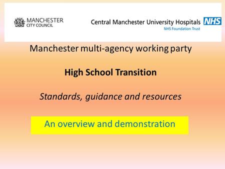 An overview and demonstration Manchester multi-agency working party High School Transition Standards, guidance and resources.