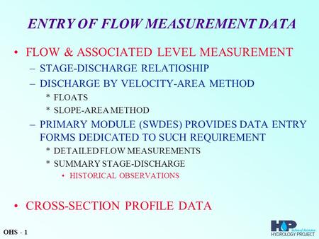 ENTRY OF FLOW MEASUREMENT DATA