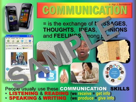 COMMUNICATION = is the exchange of MESSAGES, THOUGHTS, IDEAS, OPINIONS and FEELINGS among people People usually use these COMMUNICATION SKILLS LISTENING.