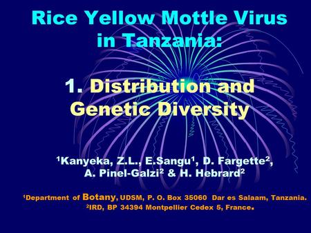 Rice Yellow Mottle Virus in Tanzania: 1. Distribution and Genetic Diversity 1 Kanyeka, Z.L., E.Sangu 1, D. Fargette 2, A. Pinel-Galzi 2 & H. Hebrard 2.