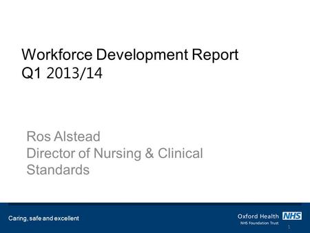 Workforce Development Report Q1 2013/14 Ros Alstead Director of Nursing & Clinical Standards Caring, safe and excellent 1.