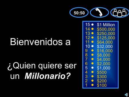 15 14 13 12 11 10 9 8 7 6 5 4 3 2 1 $1 Million $500,000 $250,000 $125,000 $64,000 $32,000 $16,000 $8,000 $4,000 $2,000 $1,000 $500 $300 $200 $100 Bienvenidos.