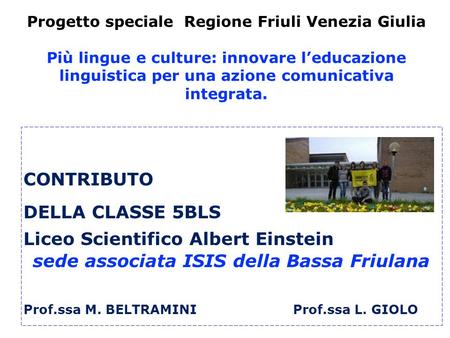 Progetto speciale Regione Friuli Venezia Giulia Più lingue e culture: innovare l’educazione linguistica per una azione comunicativa integrata. CONTRIBUTO.