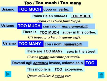 Usiamo TOO MUCH verbo dopo un verbo. There is TOO MUCH sugar in this coffee. C’è troppo zucchero in questo caffè. Usiamo TOO MANY numerabili. con i nomi.