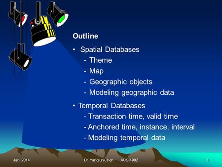 Jan. 2014Dr. Yangjun Chen ACS-49021 Outline Spatial Databases -Theme -Map -Geographic objects -Modeling geographic data Temporal Databases - Transaction.