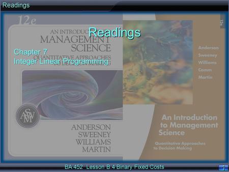 BA 452 Lesson B.4 Binary Fixed Costs 11ReadingsReadings Chapter 7 Integer Linear Programming.